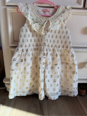 Girls White & Gold Floral Smocked Dress
